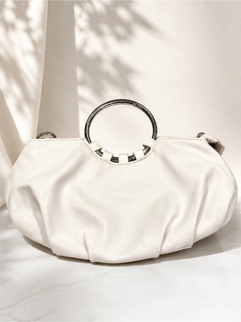 White Ruched Clutch Bag Silver Ring Handle Y2K Evening Purse